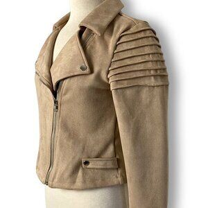 Tan Vegan Faux Suede Moto Bomber Biker Jacket, Luxxel, No Flaws, Sz S Stretch